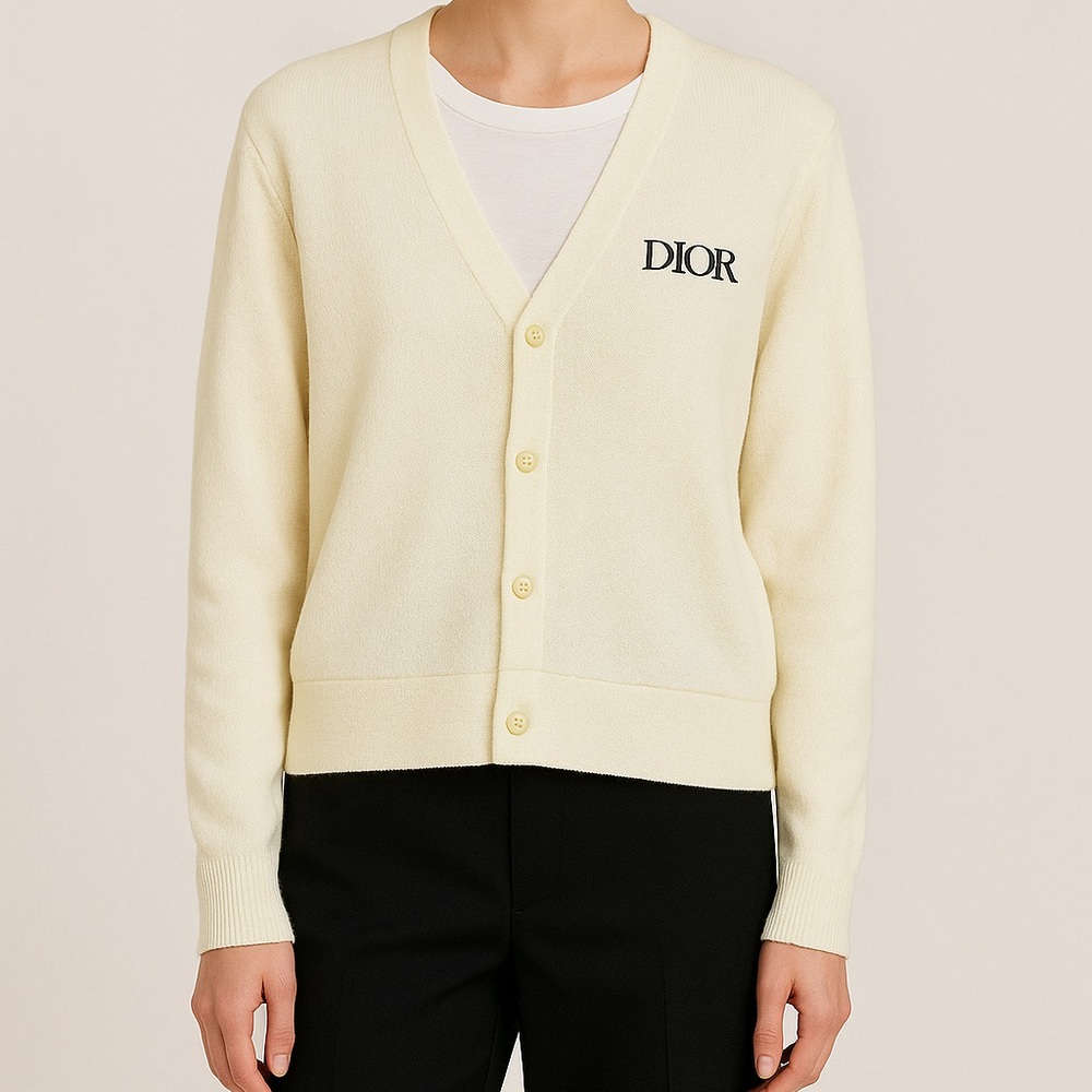 Dior Cream V-Neck Button Cardigan with Black Logo